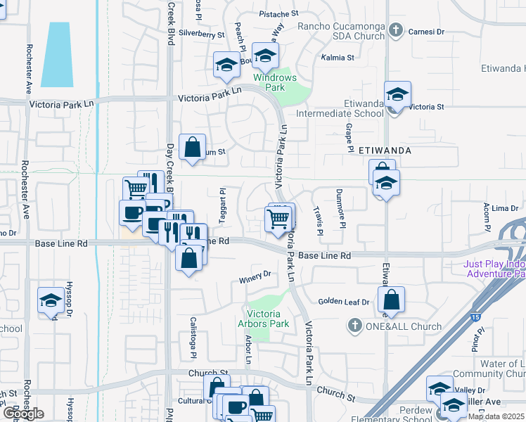 map of restaurants, bars, coffee shops, grocery stores, and more near 12584 Atwood Court in Rancho Cucamonga