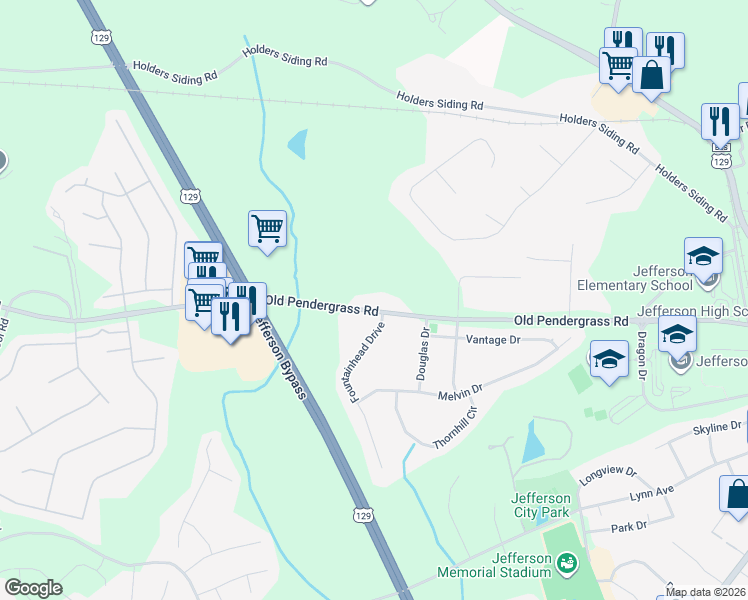 map of restaurants, bars, coffee shops, grocery stores, and more near 1288 Old Pendergrass Road in Jefferson