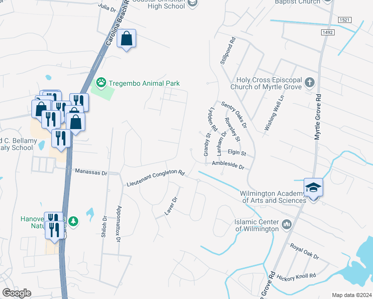 map of restaurants, bars, coffee shops, grocery stores, and more near 6108 Ambleside Drive in Wilmington