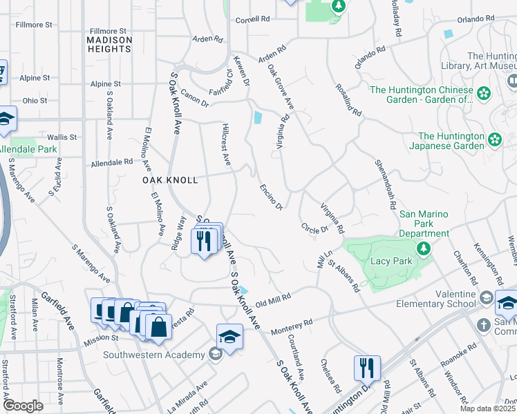 map of restaurants, bars, coffee shops, grocery stores, and more near 935 Hillcrest Place in Pasadena