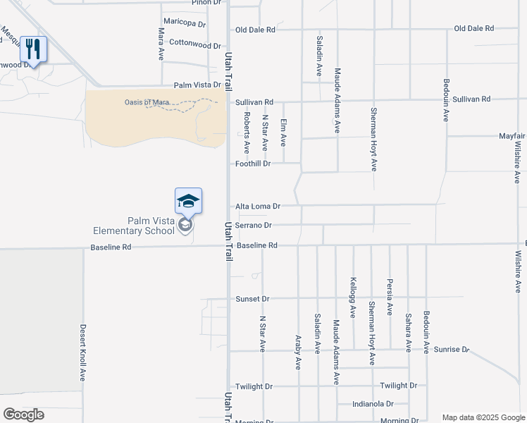 map of restaurants, bars, coffee shops, grocery stores, and more near 74615 Alta Loma Drive in Twentynine Palms