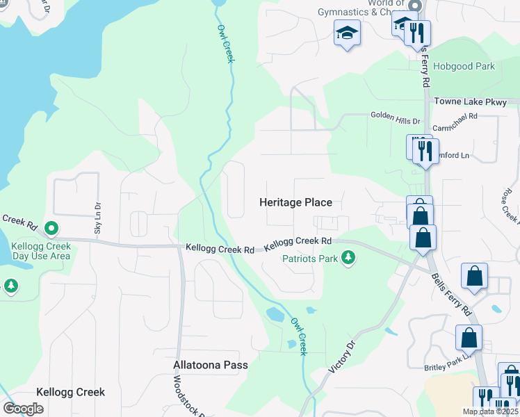 map of restaurants, bars, coffee shops, grocery stores, and more near 1539 Heritage Cove in Acworth