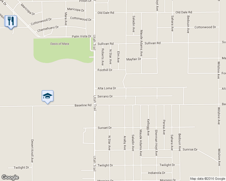 map of restaurants, bars, coffee shops, grocery stores, and more near 74615 Alta Loma Drive in Twentynine Palms