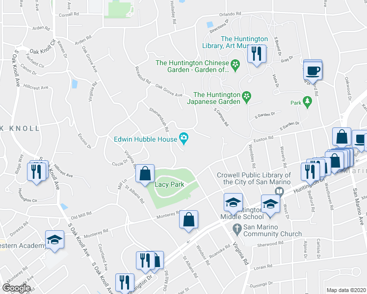 map of restaurants, bars, coffee shops, grocery stores, and more near 1340 Woodstock Road in San Marino