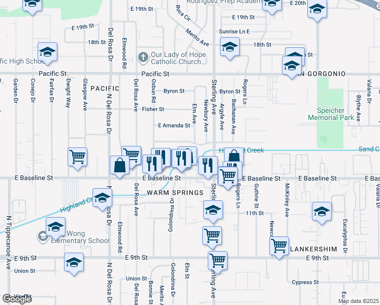 map of restaurants, bars, coffee shops, grocery stores, and more near 25595 Jane Street in San Bernardino