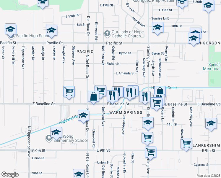 map of restaurants, bars, coffee shops, grocery stores, and more near 7168 Osbun Road in San Bernardino