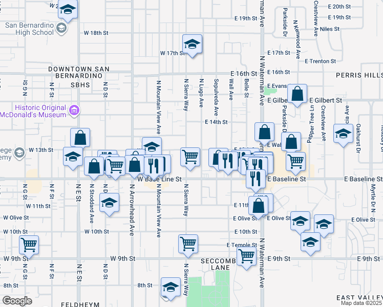 map of restaurants, bars, coffee shops, grocery stores, and more near 1305 North Sierra Way in San Bernardino