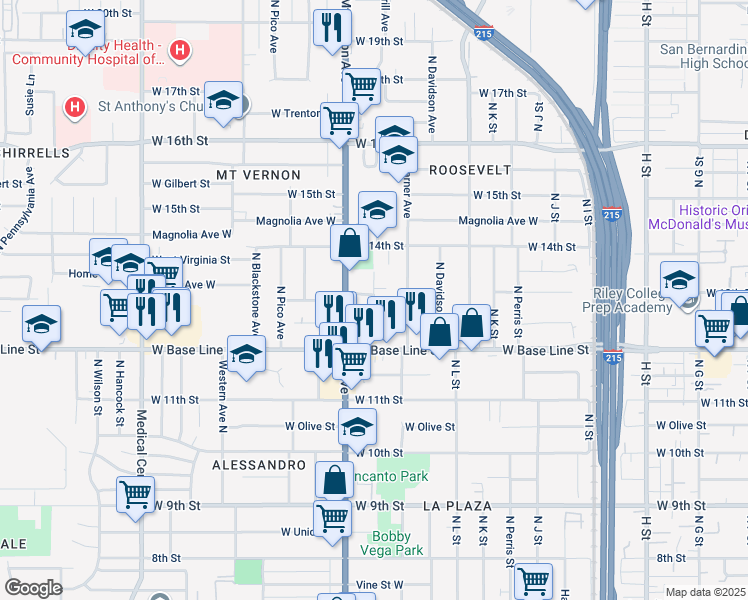 map of restaurants, bars, coffee shops, grocery stores, and more near 1312 North Garner Avenue in San Bernardino