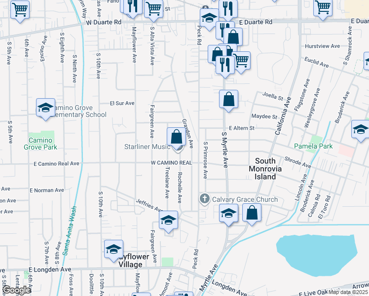 map of restaurants, bars, coffee shops, grocery stores, and more near 2252 Rochelle Avenue in Monrovia