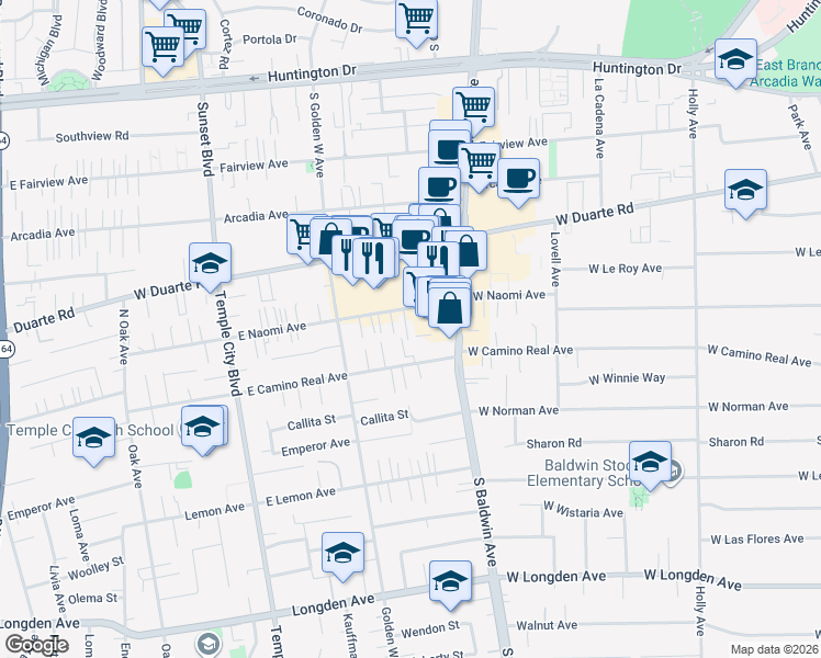 map of restaurants, bars, coffee shops, grocery stores, and more near 760 West Naomi Avenue in Arcadia