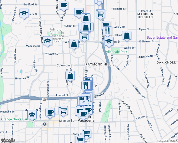 map of restaurants, bars, coffee shops, grocery stores, and more near 209 Fair Oaks Avenue in South Pasadena