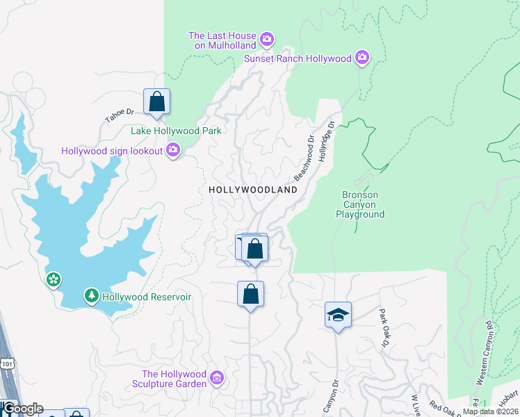 map of restaurants, bars, coffee shops, grocery stores, and more near 2932 Ledgewood Drive in Los Angeles