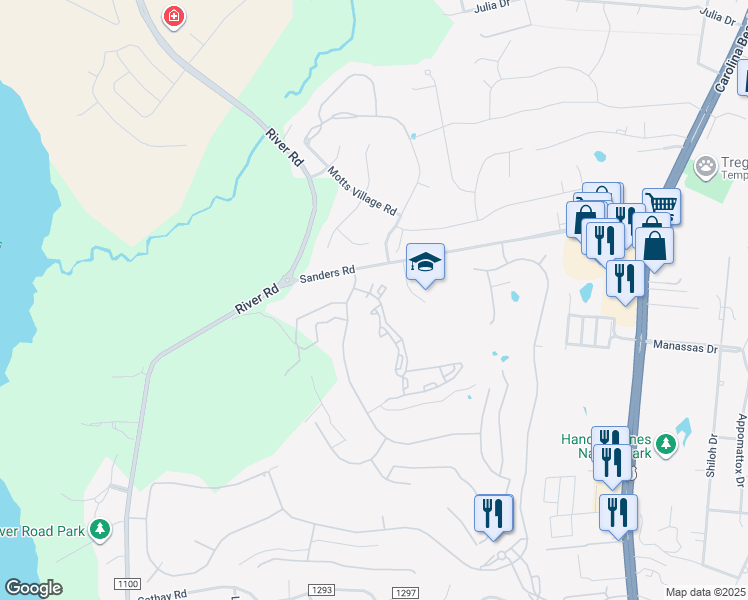 map of restaurants, bars, coffee shops, grocery stores, and more near 6105 Riverwoods Drive in Wilmington
