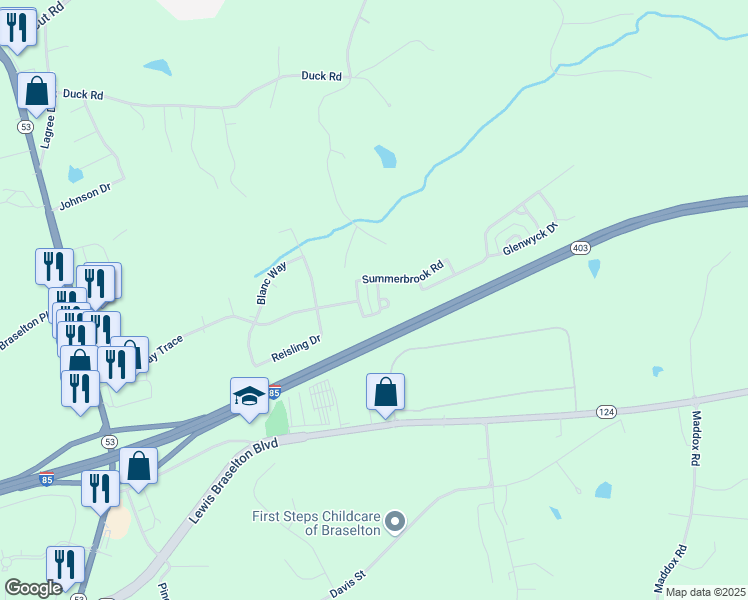 map of restaurants, bars, coffee shops, grocery stores, and more near 297 Brookstone Trail in Braselton