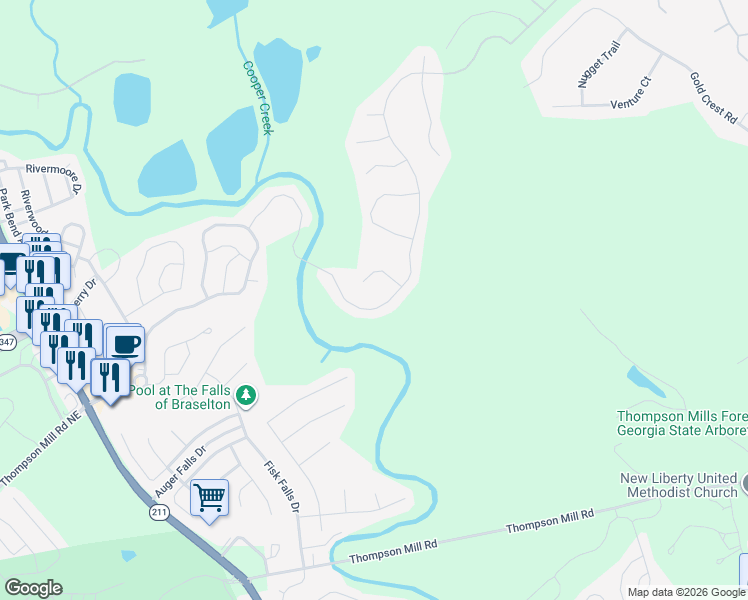 map of restaurants, bars, coffee shops, grocery stores, and more near 9057 Lexington Court in Braselton
