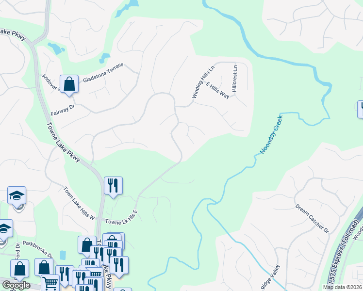 map of restaurants, bars, coffee shops, grocery stores, and more near 1046 Towne Lake Hills East in Woodstock