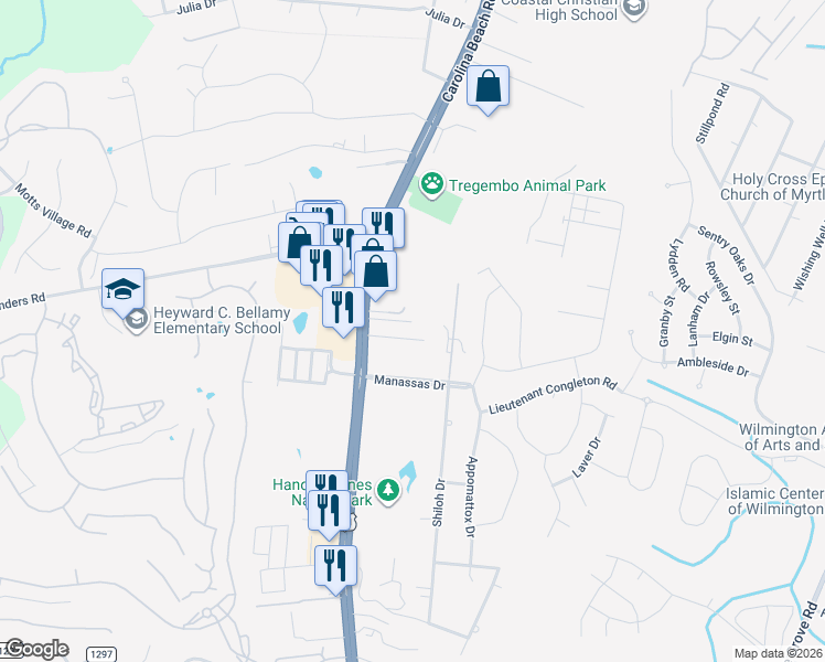 map of restaurants, bars, coffee shops, grocery stores, and more near 5951 Carolina Beach Road in Wilmington