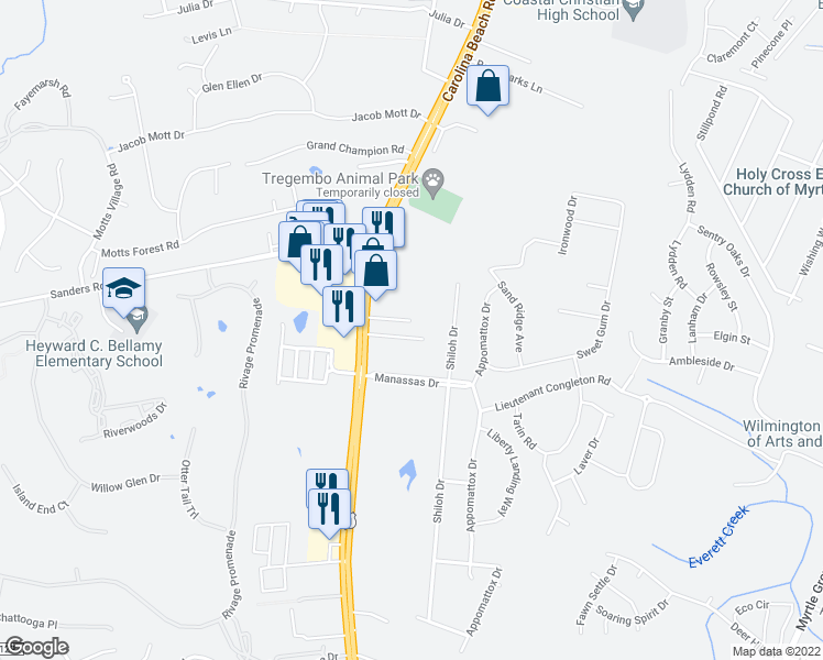 map of restaurants, bars, coffee shops, grocery stores, and more near 115 Christa Drive in Wilmington