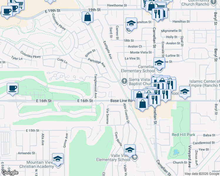 map of restaurants, bars, coffee shops, grocery stores, and more near 1720 Riviera Drive in Upland