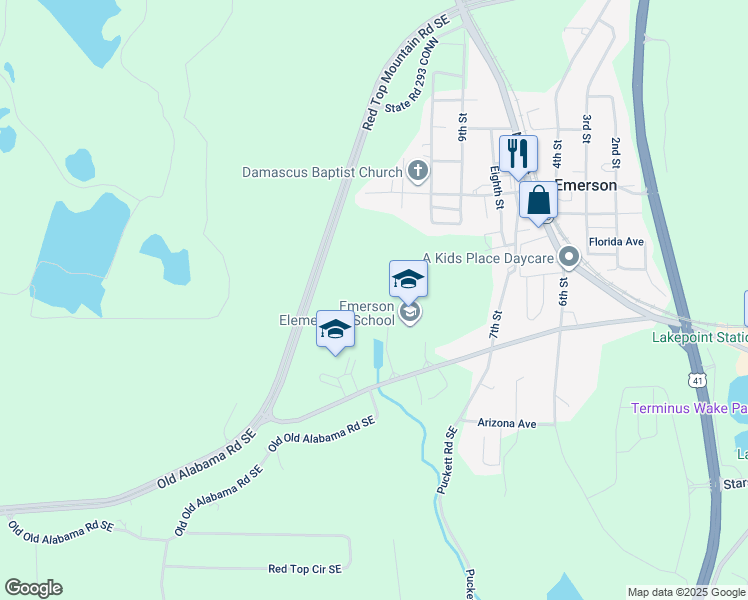 map of restaurants, bars, coffee shops, grocery stores, and more near Red Top Mountain Road Southeast in Emerson