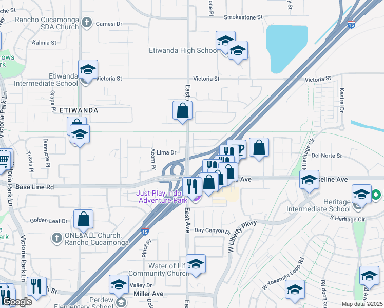 map of restaurants, bars, coffee shops, grocery stores, and more near 7161 East Avenue in Rancho Cucamonga