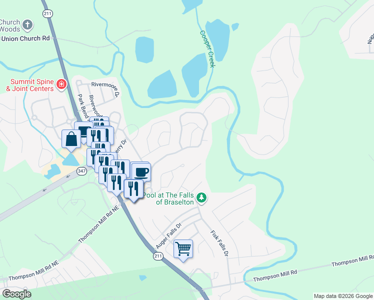 map of restaurants, bars, coffee shops, grocery stores, and more near 6643 Grand Hickory Drive in Braselton