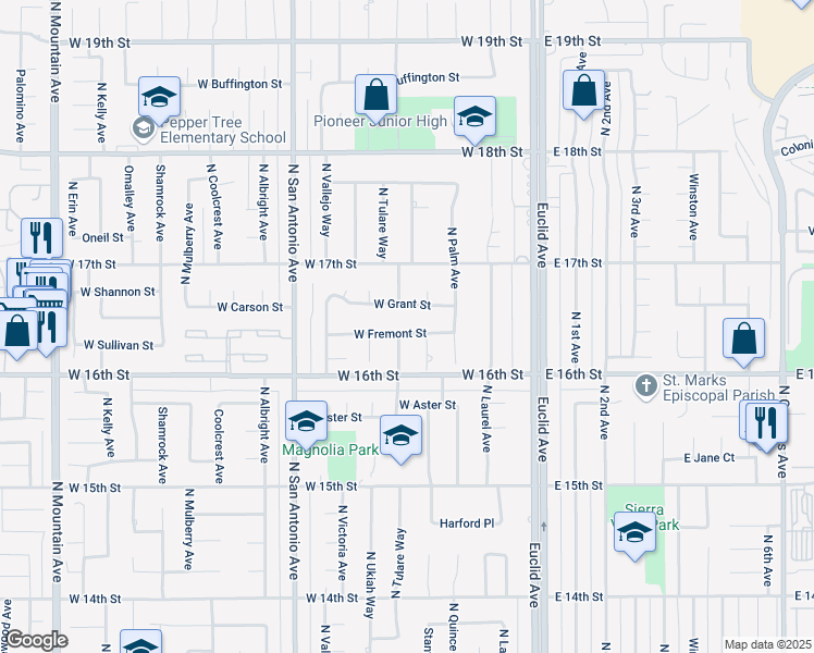 map of restaurants, bars, coffee shops, grocery stores, and more near 425 West Fremont Street in Upland