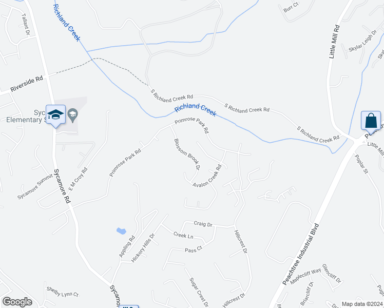 map of restaurants, bars, coffee shops, grocery stores, and more near 5257 Blossom Brook Drive in Sugar Hill
