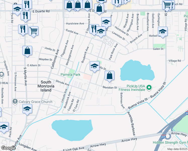 map of restaurants, bars, coffee shops, grocery stores, and more near 2308 Mountain Avenue in Duarte