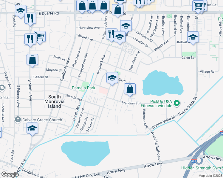 map of restaurants, bars, coffee shops, grocery stores, and more near 2308 Mountain Avenue in Duarte