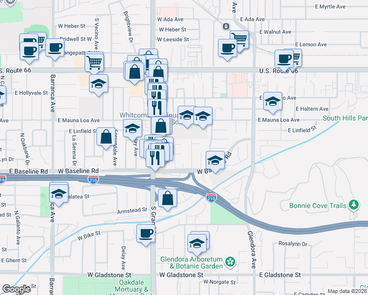 map of restaurants, bars, coffee shops, grocery stores, and more near 401 West Larkspur Lane in Glendora