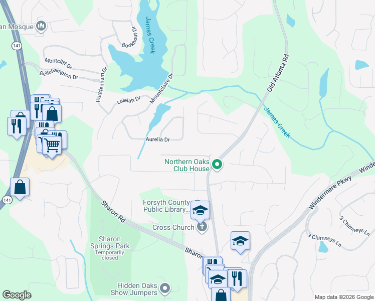 map of restaurants, bars, coffee shops, grocery stores, and more near 1780 Aurelia Drive in Cumming