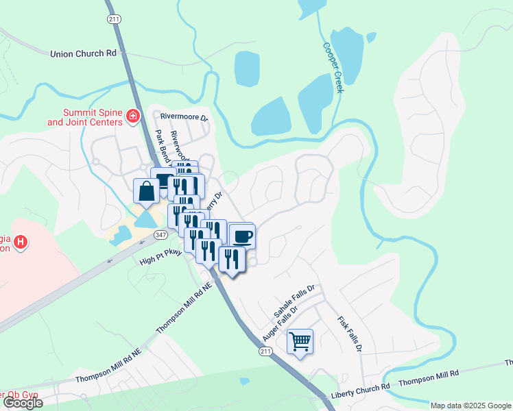map of restaurants, bars, coffee shops, grocery stores, and more near 7024 White Walnut Way in Braselton