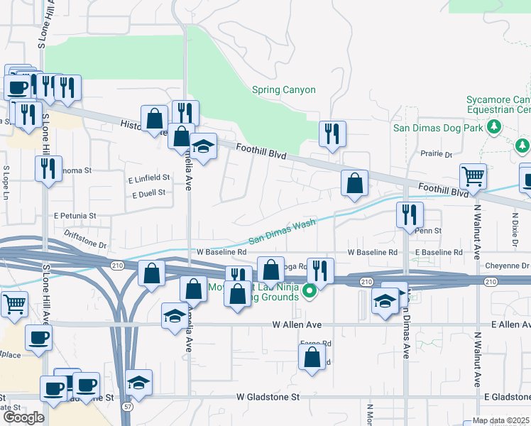 map of restaurants, bars, coffee shops, grocery stores, and more near 1215 Sierra View Drive in Glendora