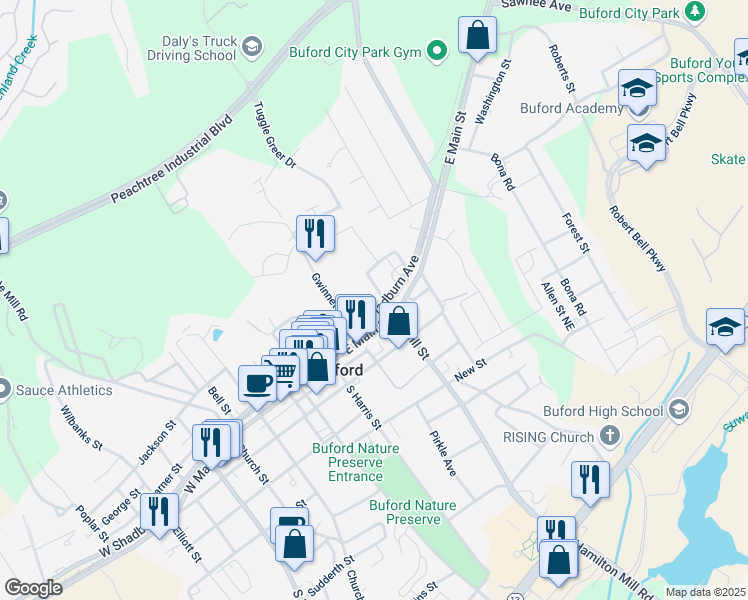 map of restaurants, bars, coffee shops, grocery stores, and more near 3795 East Shadburn Avenue in Buford