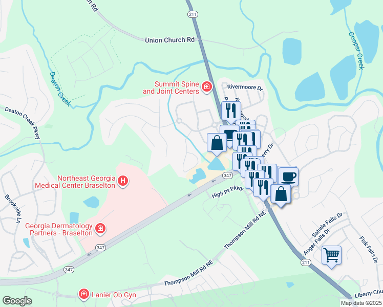 map of restaurants, bars, coffee shops, grocery stores, and more near Summerall Circle in Braselton
