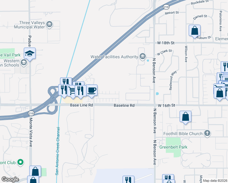 map of restaurants, bars, coffee shops, grocery stores, and more near 1635 Cherry Tree Place in Upland