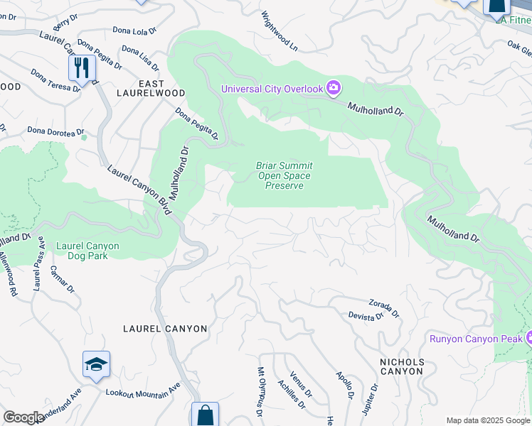 map of restaurants, bars, coffee shops, grocery stores, and more near 7917 Woodrow Wilson Drive in Los Angeles