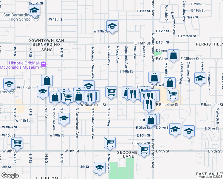 map of restaurants, bars, coffee shops, grocery stores, and more near 1305 North Sierra Way in San Bernardino