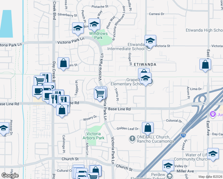 map of restaurants, bars, coffee shops, grocery stores, and more near 7153 Travis Place in Rancho Cucamonga