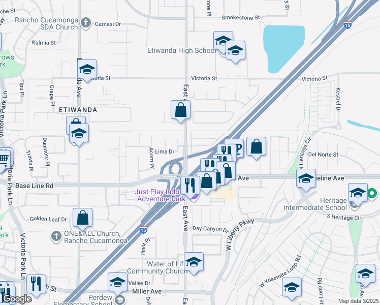 map of restaurants, bars, coffee shops, grocery stores, and more near 7161 Chateau Drive in Rancho Cucamonga