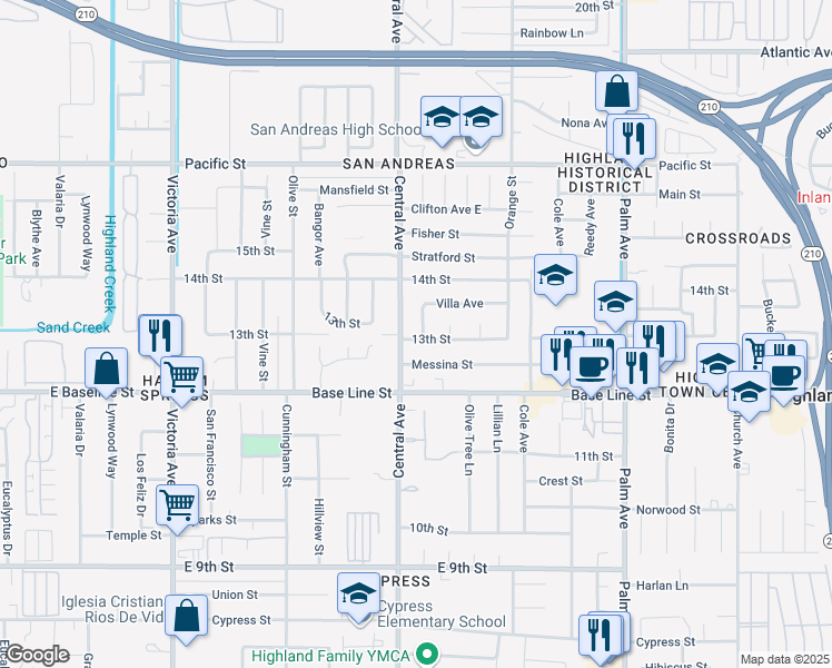 map of restaurants, bars, coffee shops, grocery stores, and more near 26912 Villa Avenue in Highland