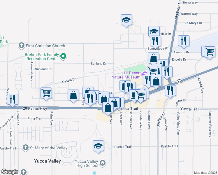 map of restaurants, bars, coffee shops, grocery stores, and more near 7148 Sage Avenue in Yucca Valley