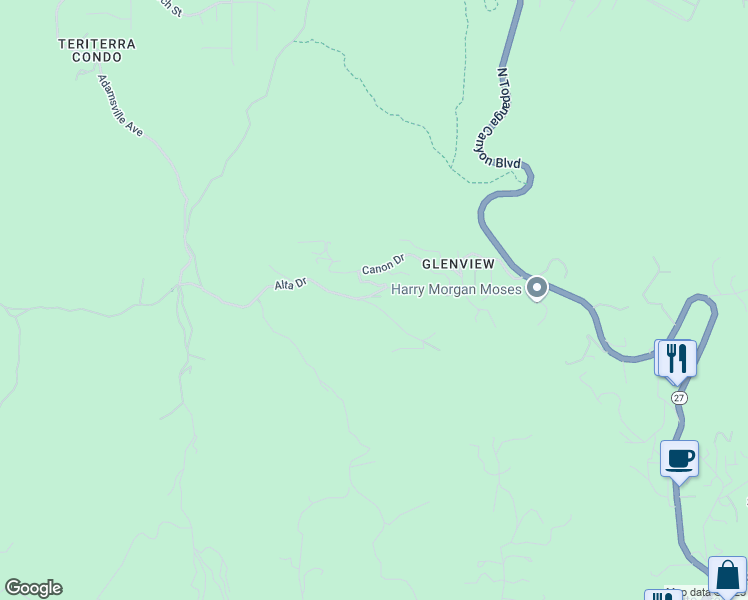 map of restaurants, bars, coffee shops, grocery stores, and more near 21956 Cereza Way in Topanga