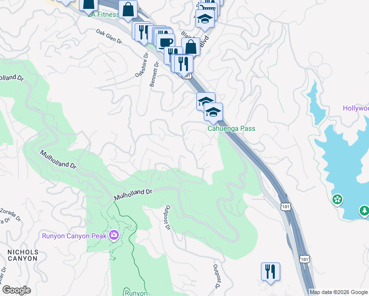 map of restaurants, bars, coffee shops, grocery stores, and more near 6815 Pacific View Drive in Los Angeles