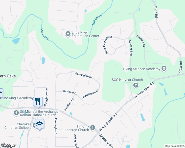 map of restaurants, bars, coffee shops, grocery stores, and more near 1104 Canterbury Lane in Woodstock