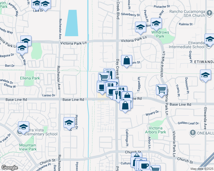 map of restaurants, bars, coffee shops, grocery stores, and more near 12226 Base Line Road in Rancho Cucamonga