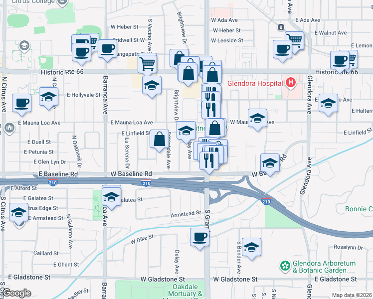 map of restaurants, bars, coffee shops, grocery stores, and more near 863 Delay Avenue in Glendora