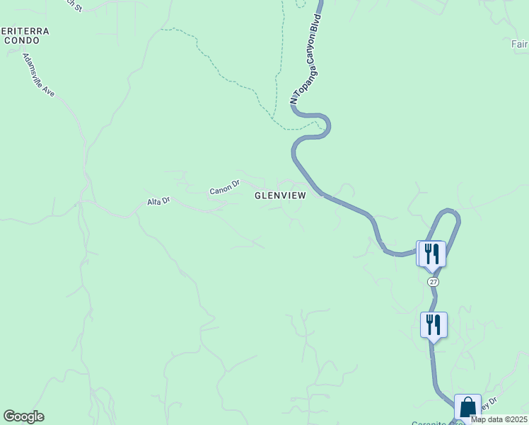 map of restaurants, bars, coffee shops, grocery stores, and more near Comida Way in Topanga