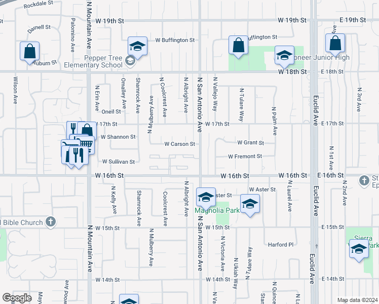 map of restaurants, bars, coffee shops, grocery stores, and more near 837 Calle del Sol in Upland